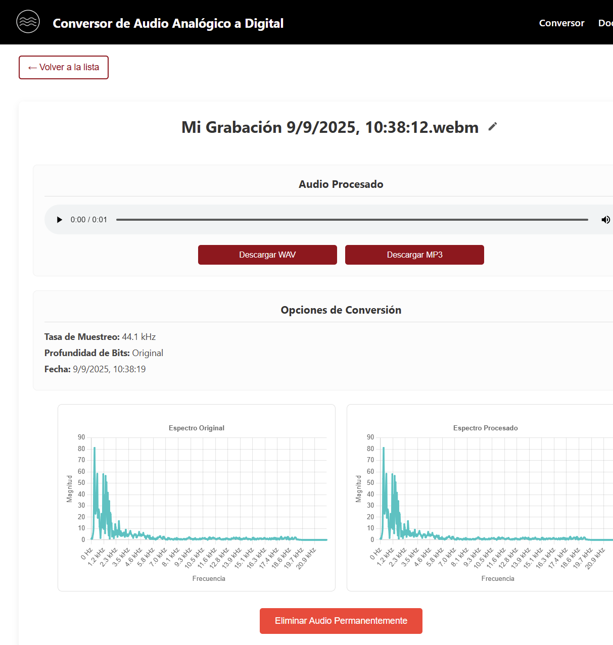 Audio almacenado en la biblioteca