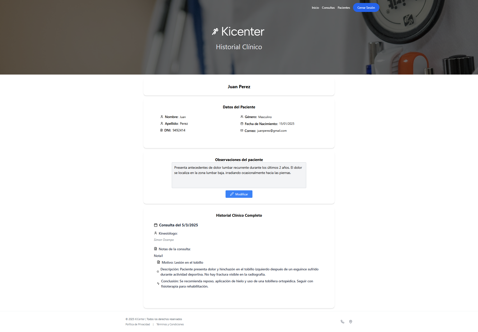 Página de historial clínico