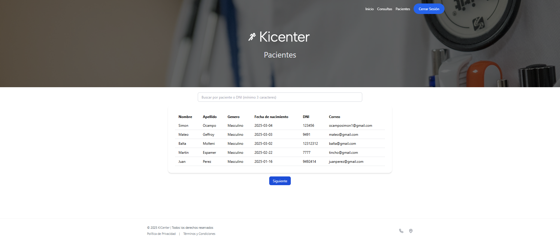 Página de pacientes